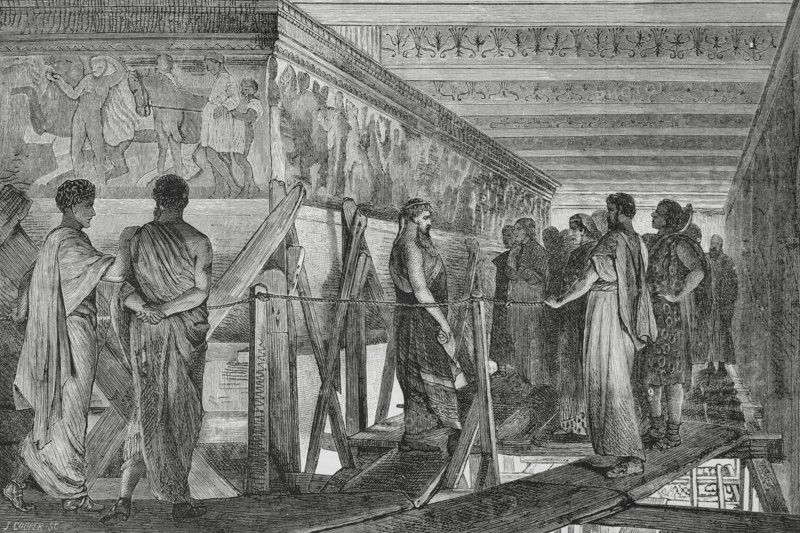 Phidias (490-425 BC). Sculptor of Ancient Greece. Phidias showing the frieze of the Parthenon to his friends. Engraving by J. Cooper after a painting of 1868 by Lawrence Alma-Tadema (1836-1912). The Spanish and American Illustration (La Ilustracion Espanola y Americana), 1884.