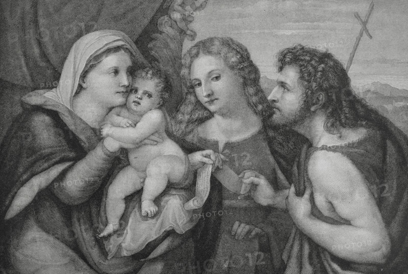Madonna with Child, John the Baptist and St. Catherine. Engraving after a painting by the Italian artist Palma Vecchio (1480-1528), 1514-1515. The Spanish and American Illustration (La Ilustracion Espanola y Americana), 1884.