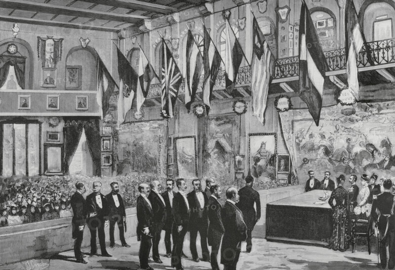 History of Spain. Madrid. Exposicion Literaria y Artistica (Literary and Artistic Exhibition). Opening session held in the assembly hall of the Escuelas Aguirre (Aguirre Schools), under the presidency of King Alfonso XII and Queen Maria Cristina de Habsburgo-Lorena (1858-1929), on 30 November 1884. Drawing from life by Juan Comba. Engraving by Bernardo Rico (1825-1894). The Spanish and American Illustration (La Ilustracion Espanola y Americana). December 8, 1884.