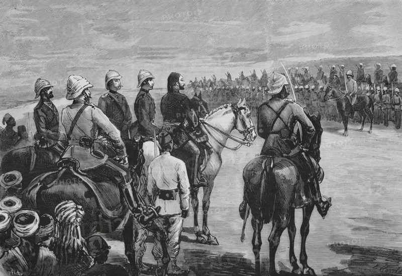 Mahdist War (1881-1899). Insurrection of Sudan. It faced the followers of Sudanese religious leader Muhammad Ahmad bin Abdullah bin Fahal, the self-proclaimed Mahdi, against Egyptian Khedivate troops, who were later joined by British forces. The Mudir of Dongola attending a review of the British troops, commanded by Herbert Stewart (1843-1885), after arriving from Wadi Halfa at the Mudir's court in August 1884. Stewart held the rank of brigadier-general, commanding a cavalry brigade that had been ordered to Khartoum to relief Major-General Charles George Gordon. Engraving by Vela. The Spanish and American Illustration (La Ilustracion Espanola y Americana), 1884.