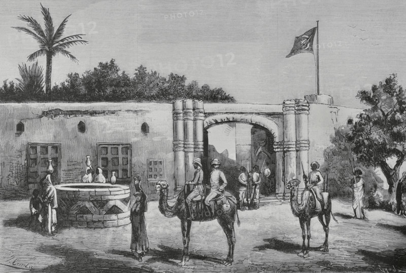 Mahdist War (1881-1899). Insurrection of Sudan. It faced the followers of Sudanese religious leader Muhammad Ahmad bin Abdullah bin Fahal, the self-proclaimed Mahdi, against Egyptian Khedivate troops, who were later joined by British forces. Exterior of the Dongola Mudir's house, where General Wolseley received hospitality on his journey of exploration and was honoured by the Arab warlord. The Egyptian Government empowered Wolseley to appoint the Mudir of Dongola as temporary governor of the new province of Sudan, as a reward for his allegiance. Drawing by Juan Comba. Engraving by Capuz. The Spanish and American Illustration (La Ilustracion Espanola y Americana), 1884.