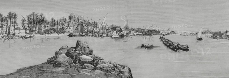 Aswan, Egypt. Entrance to the first cataract of the Nile river. Engraving by Bernardo Rico (1825-1894). The Spanish and American Illustration (La Ilustracion Espanola y Americana), 1884.