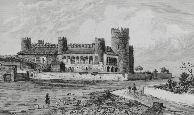 History of Spain. Zafra, Badajoz province, Extremadura. Palace of the Dukes of Feria or Castle of Zafra. Building commissioned in 1437 by Lorenzo II Suarez de Figueroa (ca. 1410-1461), 1st Count of Feria. Engraving by Tomas Carlos Capuz (1834-1899). The Spanish and American Illustration (La Ilustracion Espanola y Americana), 1884.
