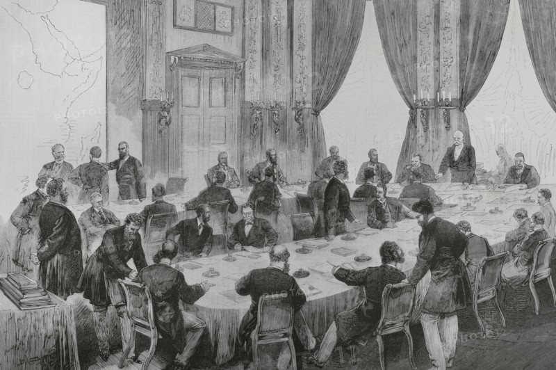 Berlin Conference (15 November 1884 to 26 February 1885). German Chancellor Otto von Bismarck organised the conference, to seek solutions to colonial expansion in Africa and to agree on its partition. A session of the conference. Engraving by Bernardo Rico (1825-1894). The Spanish and American Illustration (La Ilustracion Espanola y Americana), 1884.