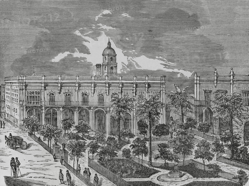 Havana, Cuba. View of the Plaza de Armas, featuring the Palace of the Captains-General. Engraving. Cronica General de Espana, Historia Ilustrada y Descriptiva de sus Provincias (General Chronicle of Spain, Illustrated and Descriptive History of its Provinces), Antilles, 1871.