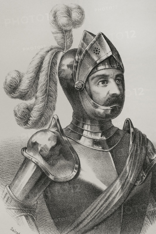 Diego Velazquez de Cuellar (ca. 1464-1524). Spanish conquistador. Governor of Cuba from 1511. Portrait. Drawing by Salcedo. Lithography. Cronica General de Espana, Historia Ilustrada y Descriptiva de sus Provincias (General Chronicle of Spain, Illustrated and Descriptive History of its Provinces), Antilles, 1871.