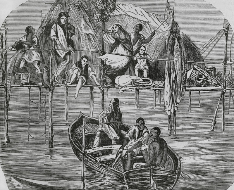 History of Cuba. Sponge fishermen's dwellings in Nuevitas Bay, Camaguey province. Engraving. General Chronicle of Spain, Illustrated and Descriptive History of its Provinces. Philippines (Cronica General de Espana, Historia Ilustrada y Descriptiva de sus Provincias. Filipinas), 1871.