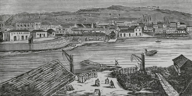 Matanzas, Cuba. General view. Engraving. Cronica General de Espana, Historia Ilustrada y Descriptiva de sus Provincias (General Chronicle of Spain, Illustrated and Descriptive History of its Provinces), Antilles, 1871.