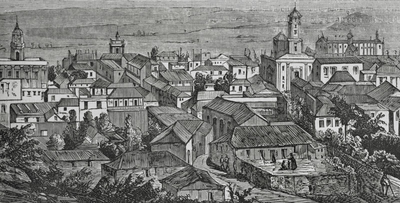 Trinidad (Villa de la Santisima Trinidad), Cuba. General view of the town. Engraving. Cronica General de Espana, Historia Ilustrada y Descriptiva de sus Provincias (General Chronicle of Spain, Illustrated and Descriptive History of its Provinces), Antilles, 1871.