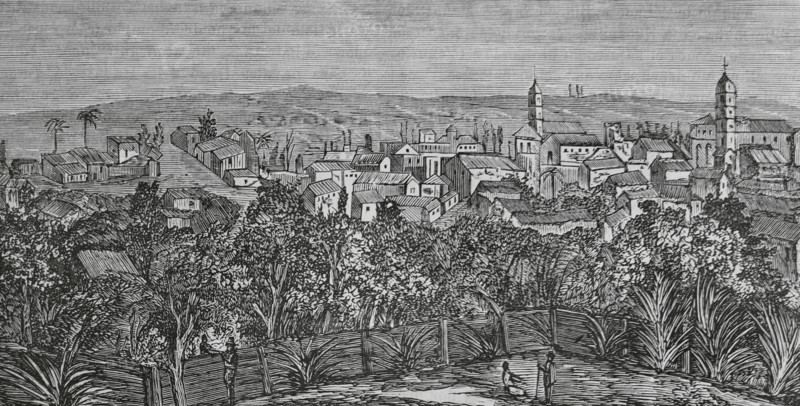 Guanabacoa, Cuba. General view of the town. Engraving by Traver. Cronica General de Espana, Historia Ilustrada y Descriptiva de sus Provincias (General Chronicle of Spain, Illustrated and Descriptive History of its Provinces), Antilles, 1871.