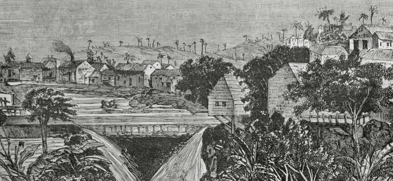 Puentes Grandes, Cuba. General view of the town. Engraving by Traver. Cronica General de Espana, Historia Ilustrada y Descriptiva de sus Provincias (General Chronicle of Spain, Illustrated and Descriptive History of its Provinces), Antilles, 1871.