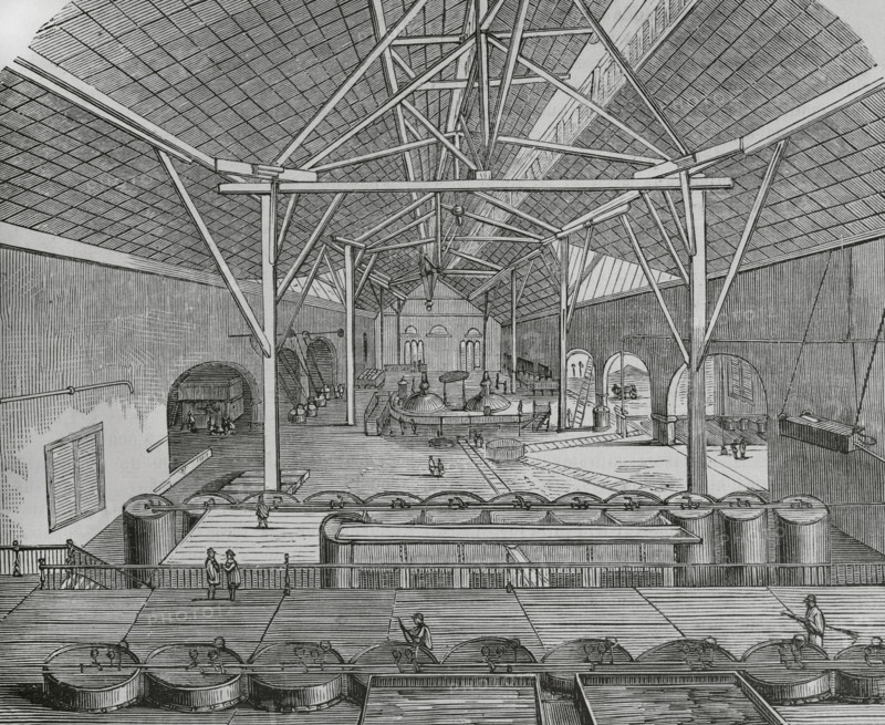 Cuba. Bolondron, province of Matanzas. Engenho (sugar cane mill) ""Armonia"" (1848). Industry property of Mr. Miguel Aldama Alfonso and Mr. Jose Luis Alfonso. General view of the boiler house, where the process of boiling and evaporation of the juices obtained from the grinding of the sugar cane was carried out. Engraving. Cronica General de Espana, Historia Ilustrada y Descriptiva de sus Provincias (General Chronicle of Spain, Illustrated and Descriptive History of its Provinces), Antilles, 1871.