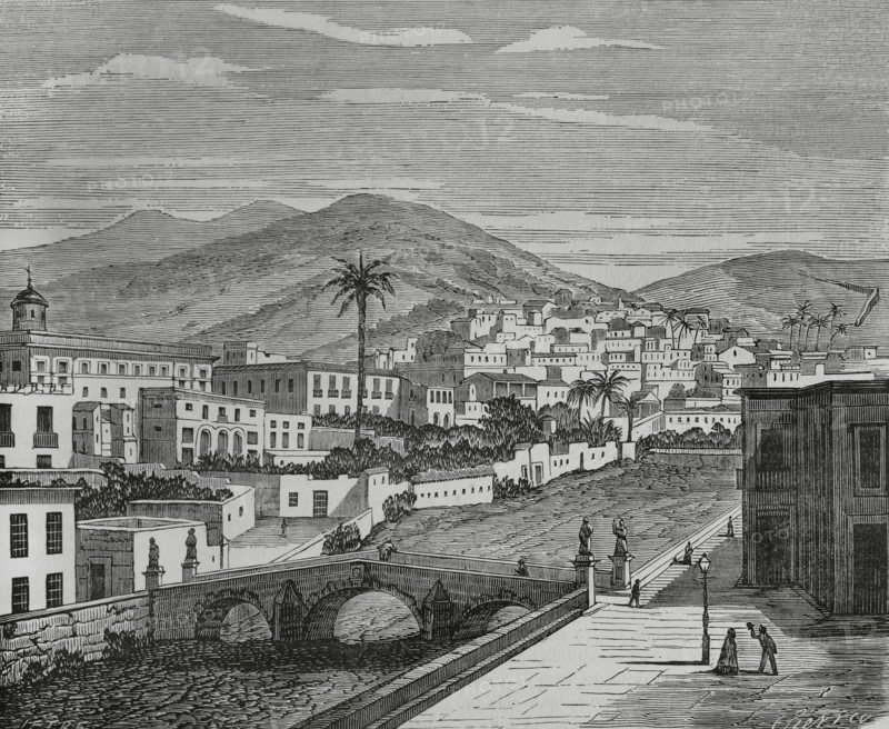Las Palmas de Gran Canaria, Gran Canaria, Canary Islands, Spain. View of the Plaza del Principe (Prince's Square). Its layout dates from 1857, being designed by Manuel de Oraa y Arcocha (1822-1889). It was named after the then Prince of Asturias, Alfonso XII (1857-1885). Illustration by Letre. Engraving by Sierra. Cronica General de Espana, Historia Ilustrada y Descriptiva de sus Provincias (General Chronicle of Spain, Illustrated and Descriptive History of its Provinces), Canaries, 1871.