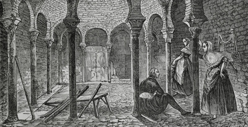 Palma, Mallorca, Balearic Islands, Spain. Arab Baths. Central room. Engraving by Traver. Cronica General de Espana, Historia Ilustrada y Descriptiva de sus Provincias (General Chronicle of Spain, Illustrated and Descriptive History of its Provinces), Balearics, 1871.
