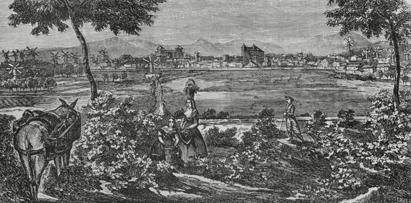 Manacor, Mallorca, Balearic Islands, Spain. View of the town with its typical windmills. Engraving by Traver. Cronica General de Espana, Historia Ilustrada y Descriptiva de sus Provincias (General Chronicle of Spain, Illustrated and Descriptive History of its Provinces), Balearics, 1871.