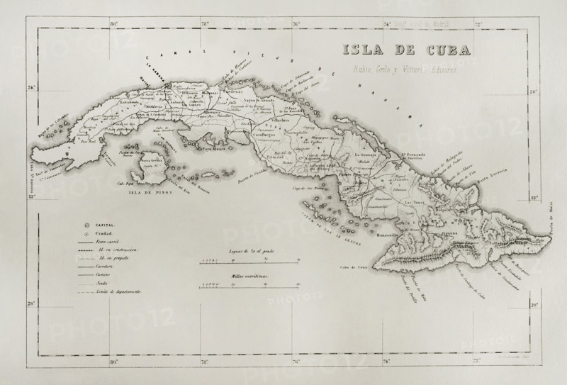 Map of the Island of Cuba (Spanish colonial period). Engraving. Cronica General de Espana, Historia Ilustrada y Descriptiva de sus Provincias (General Chronicle of Spain, Illustrated and Descriptive History of its Provinces), Antilles, 1871.