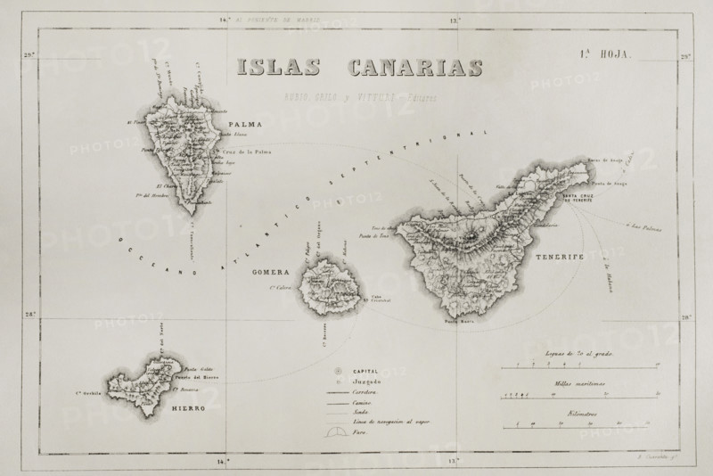History of Spain. Map of the Canary Islands. Islands of Tenerife, El Hierro, La Gomera and La Palma. Engraving. Cronica General de Espana, Historia Ilustrada y Descriptiva de sus Provincias (General Chronicle of Spain, Illustrated and Descriptive History of its Provinces), Canaries, 1871.