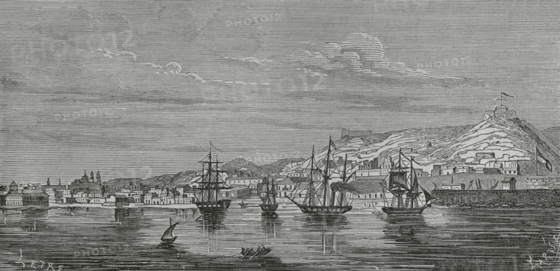 Las Palmas de Gran Canaria, Gran Canaria, Canary Islands, Spain. General view of the city. Illustration by Letre. Engraving by Capuz. Cronica General de Espana, Historia Ilustrada y Descriptiva de sus Provincias (General Chronicle of Spain, Illustrated and Descriptive History of its Provinces), Canaries, 1871.
