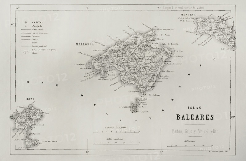 History of Spain. Map of the Balearic Islands. Engraving, 19th century. Cronica General de Espana, Historia Ilustrada y Descriptiva de sus Provincias (General Chronicle of Spain, Illustrated and Descriptive History of its Provinces), Balearics, 1871.