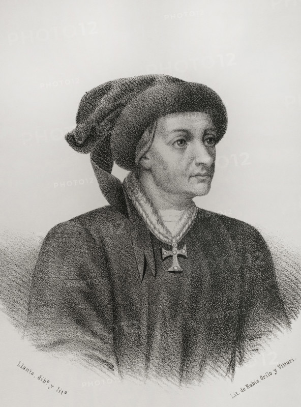 Inigo Lopez de Mendoza (1398-1458). Spanish nobleman and poet of the House of Mendoza. 1st Marquis of Santillana. Portrait. Drawing by Llanta. Lithography. Cronica General de Espana, Historia Ilustrada y Descriptiva de sus Provincias (General Chronicle of Spain, Illustrated and Descriptive History of its Provinces), Balearics, 1871.