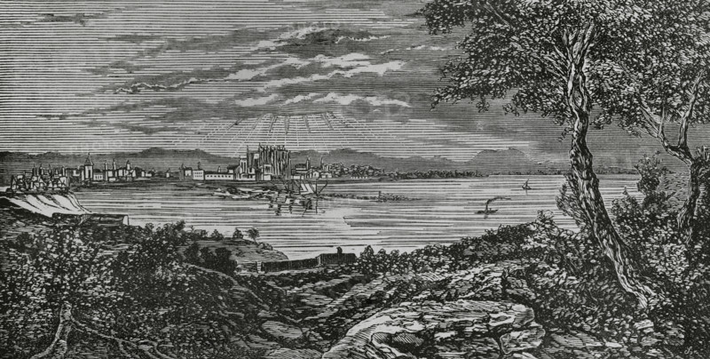 Palma, Mallorca, Balearic Islands, Spain. Panoramic view of the city. Engraving. Cronica General de Espana, Historia Ilustrada y Descriptiva de sus Provincias (General Chronicle of Spain, Illustrated and Descriptive History of its Provinces), Balearics, 1871.