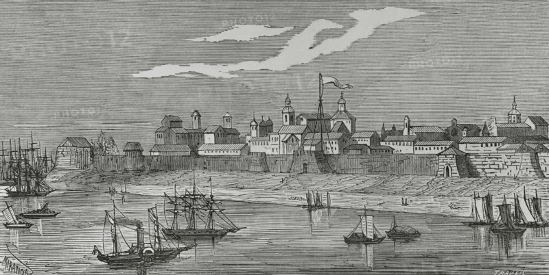 Manila, Luzon island, Philippines. General view of the city. Illustration by Miranda. Engraving by Traver. Cronica General de Espana, Historia Ilustrada y Descriptiva de sus Provincias (General Chronicle of Spain, Illustrated and Descriptive History of its Provinces), Philippines, 1871.