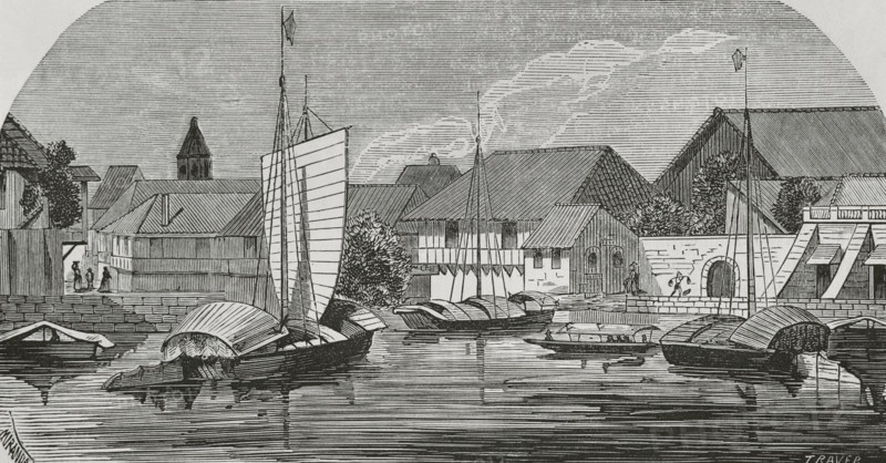 Manila, Luzon island, Philippines. Binondo district. Illustration by Miranda. Engraving by Traver. Cronica General de Espana, Historia Ilustrada y Descriptiva de sus Provincias (General Chronicle of Spain, Illustrated and Descriptive History of its Provinces), Philippines, 1871.