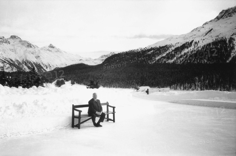 Alfred Hitchcock at the lake St. Moritz.