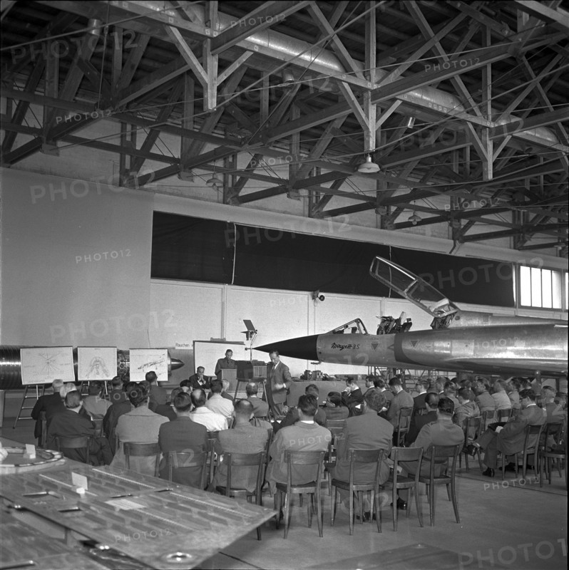 Press information event on Mirage military jet, Emmen 1964.
