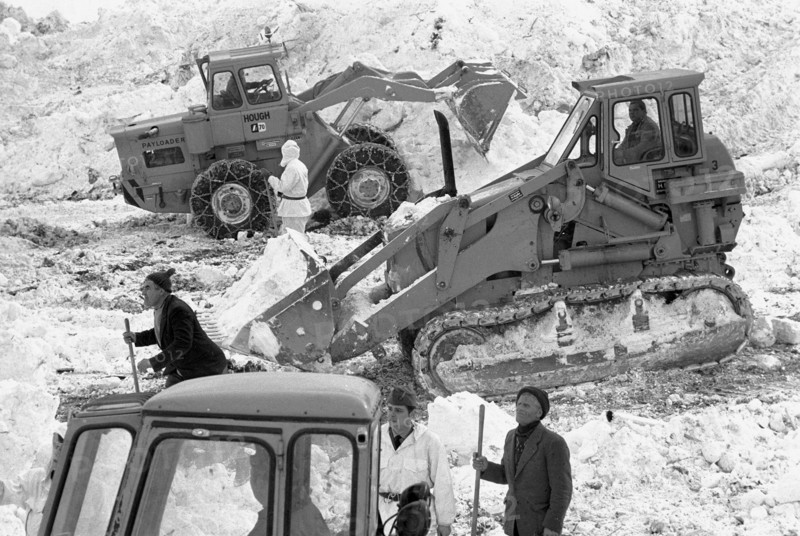 Reckingen: Clearing away snow and debris with bulldozer; 1970.