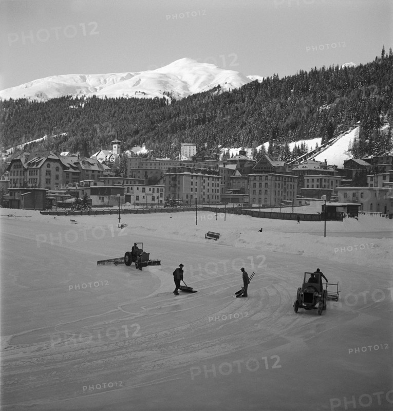 Davos, ice rink being prepared; 1949.