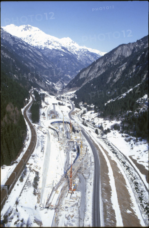 Gotthard tunnel construction, building site Goschenen, northern direction, 1980.