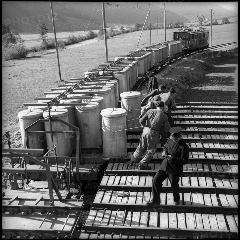 Cement unloading at Oberwald railway station 1951.