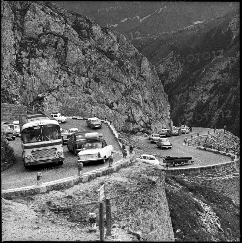 Holiday traffic on Tremola at Gotthard pass 1965.