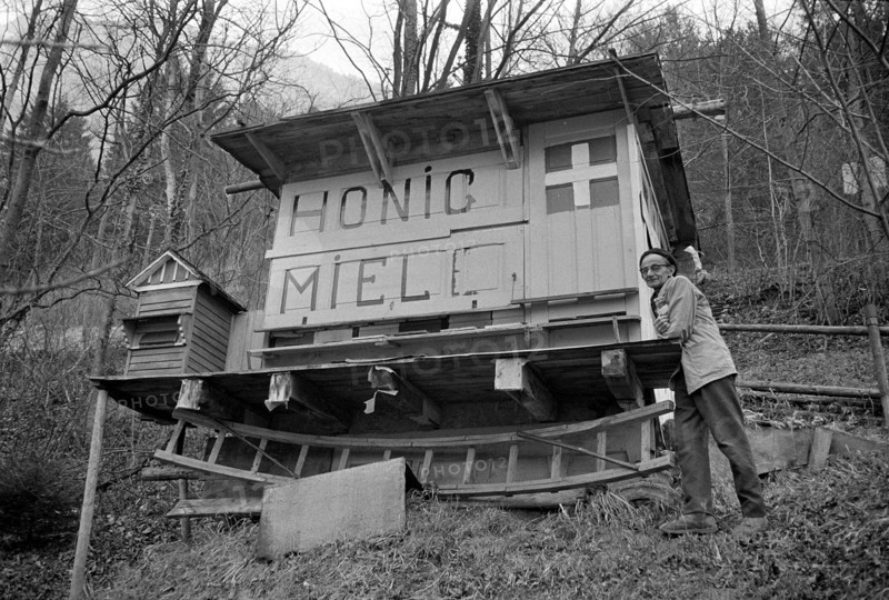 Georg Zwyssig beside his apiary 1972.