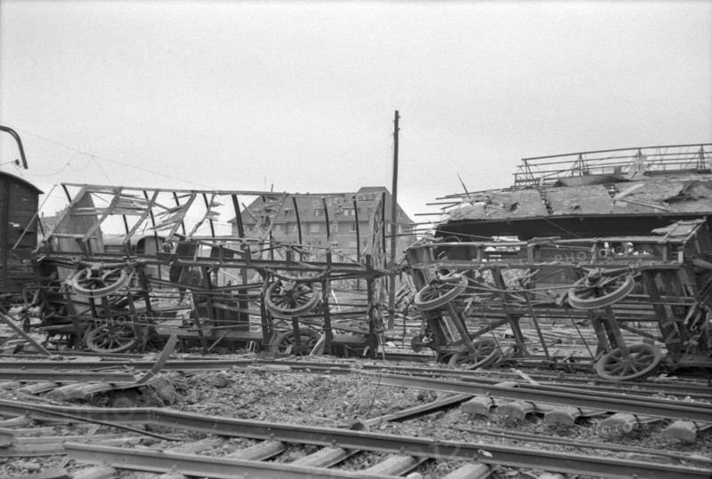 WW 2: Bomb airdrop, dropping; railroad shunting yard 'Wolf' Basle 1945.