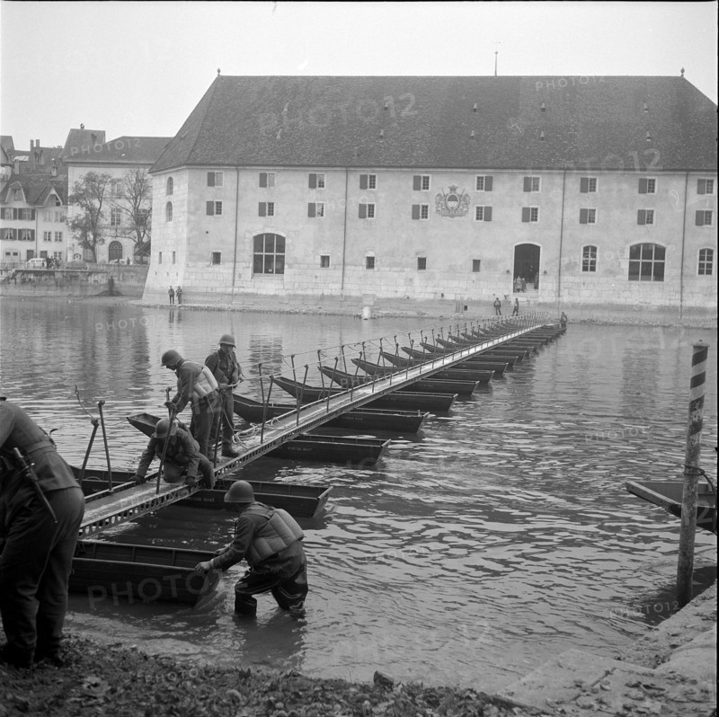 Pontooneers building gangplank across Aare at Solothurn 1959.