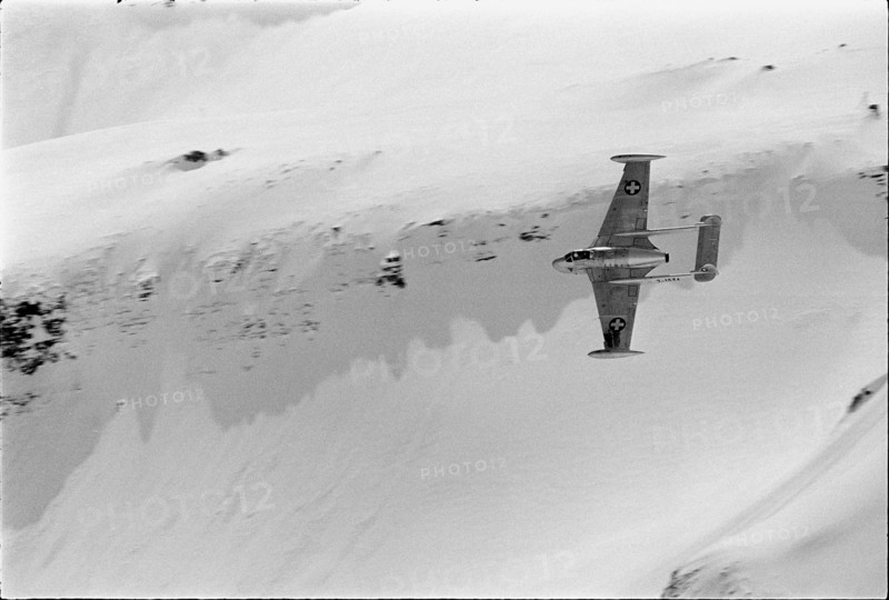 Venom military jet at firing range Axalp 1965.