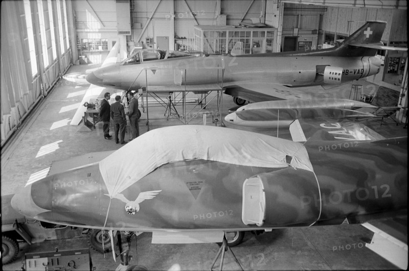 Swiss military jet P16 in hangar of FFA, Altenrhein 1955.