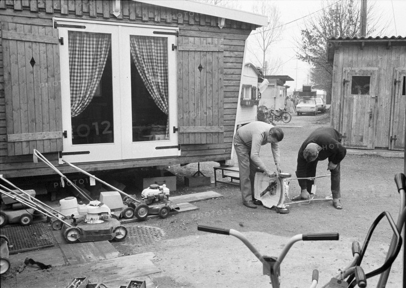 Yenish men on a camping site in Berne, 1973.