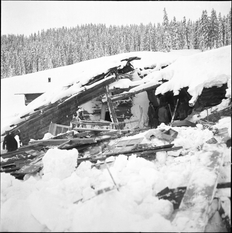 St. Antonien, farmstead destroyed by avalanche; 1954.