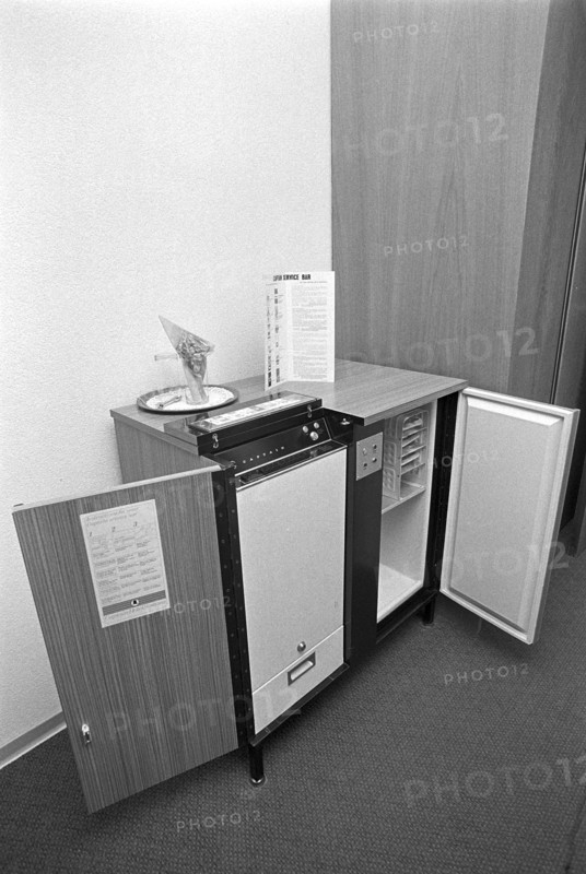Mini bar and safe in the Hotel Hilton in Zurich Kloten, 1971.