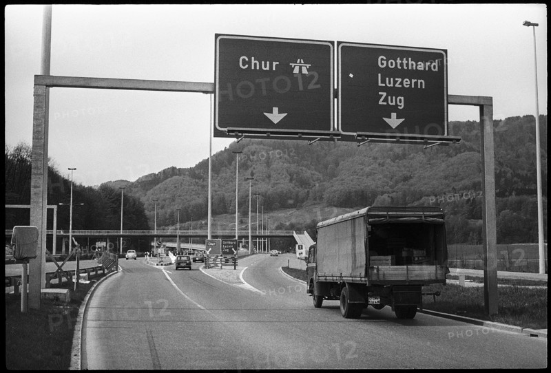 Truck at the street forking Chur and Gotthard, Luzern, Zug 1970.