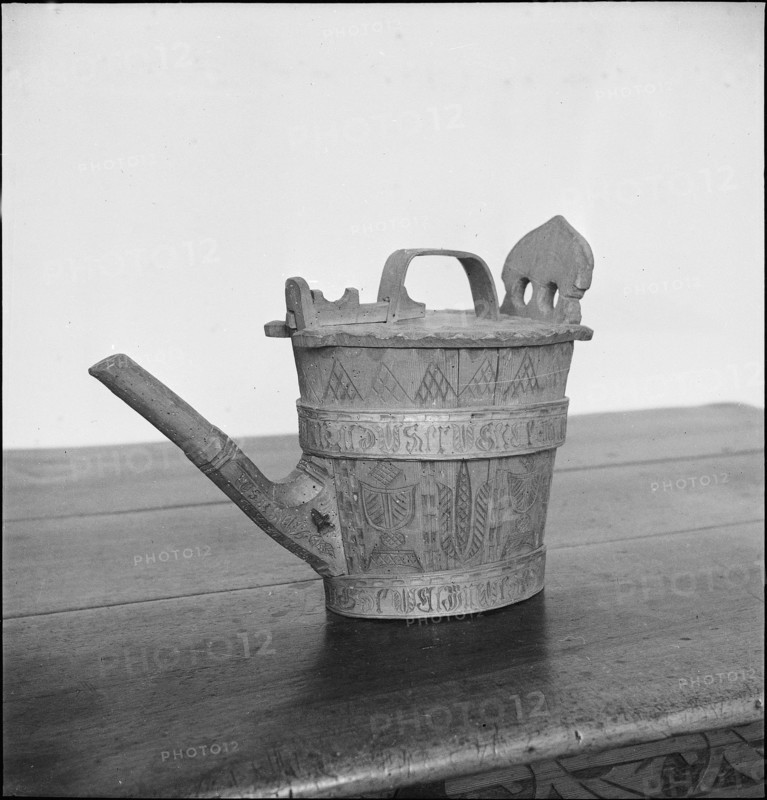 Milk vessel, carved wood cooper work 1944.