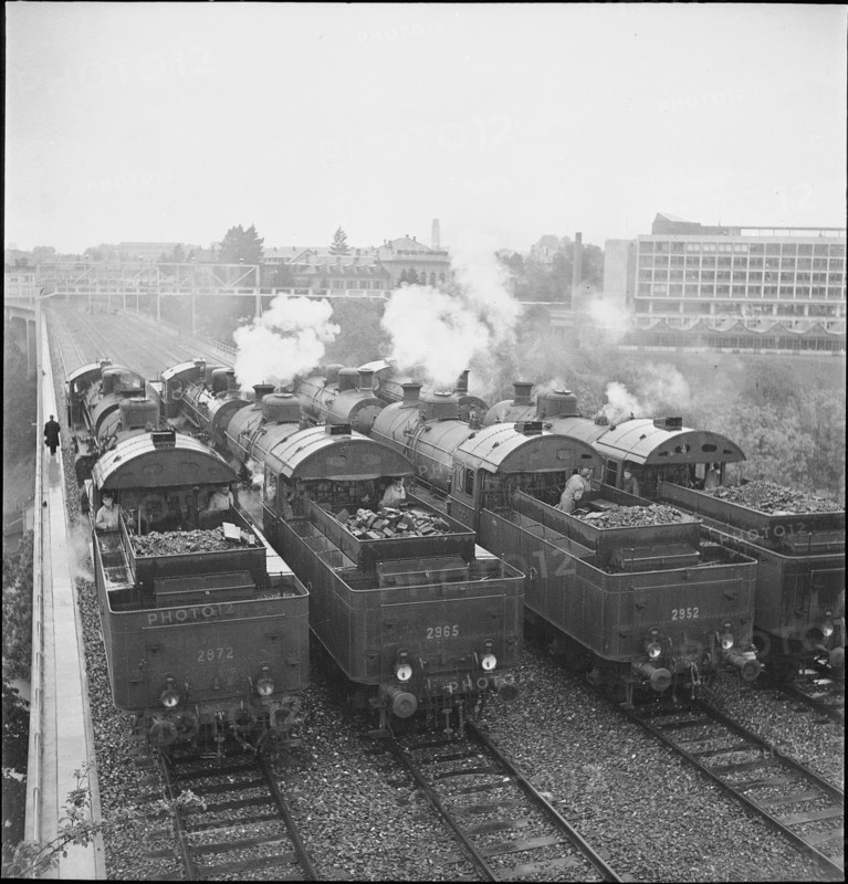 Steam locomotives on railway bridge, Berne 1939.