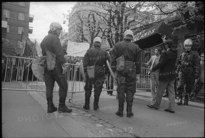 Policemen and roadblock at May Day demonstration in Zurich 1973.
