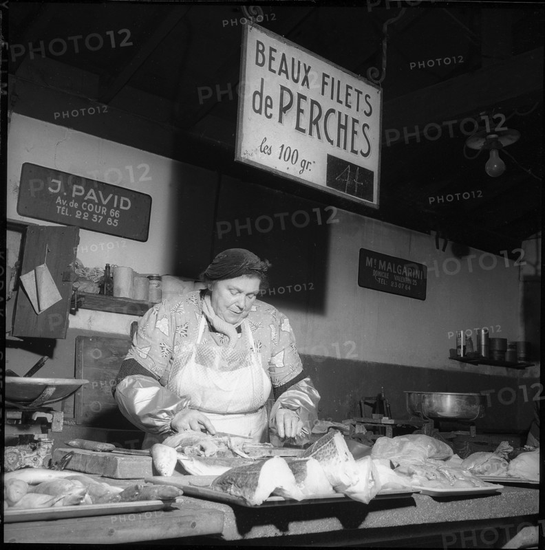 Fishmonger's stall at Rue Centrale in Lausanne 1957.