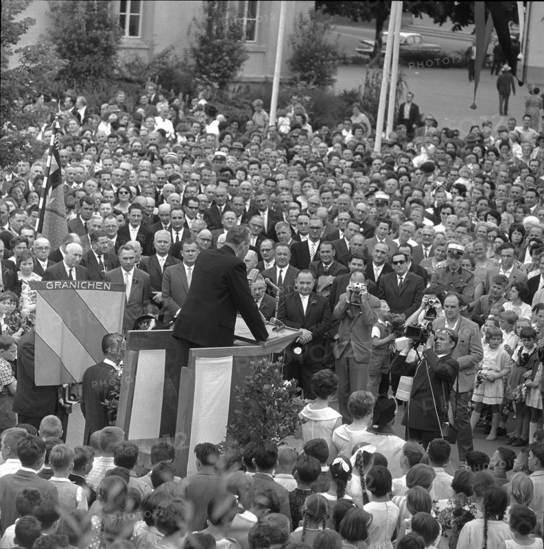 Granichen, Hans Schaffner, newly elected Federal Councillor giving an address; 1961.