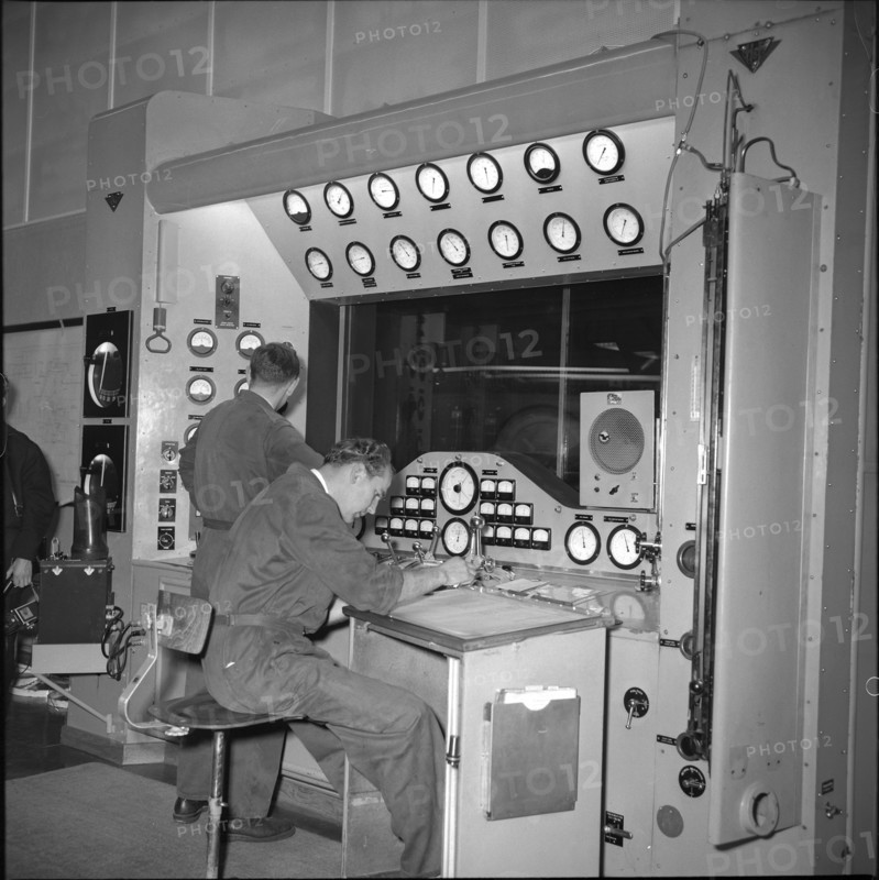 Jet engine test stand of Swissair, control desk, Kloten 1961.
