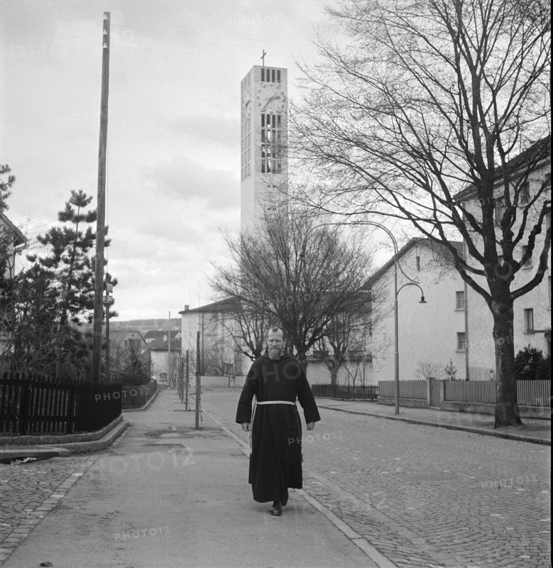 Pater Hypolite in front of Maria Lourdes church in Zurich Seebach 1951.